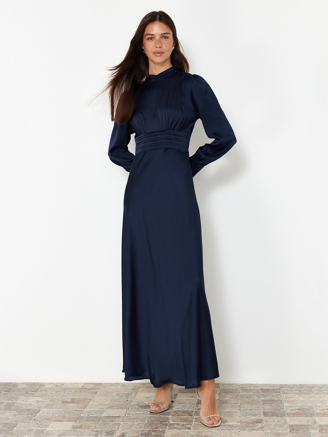 

Trendyol Mock Neck Cuffed Sleeves Gathered Fit & Flare Maxi Dress, Blue