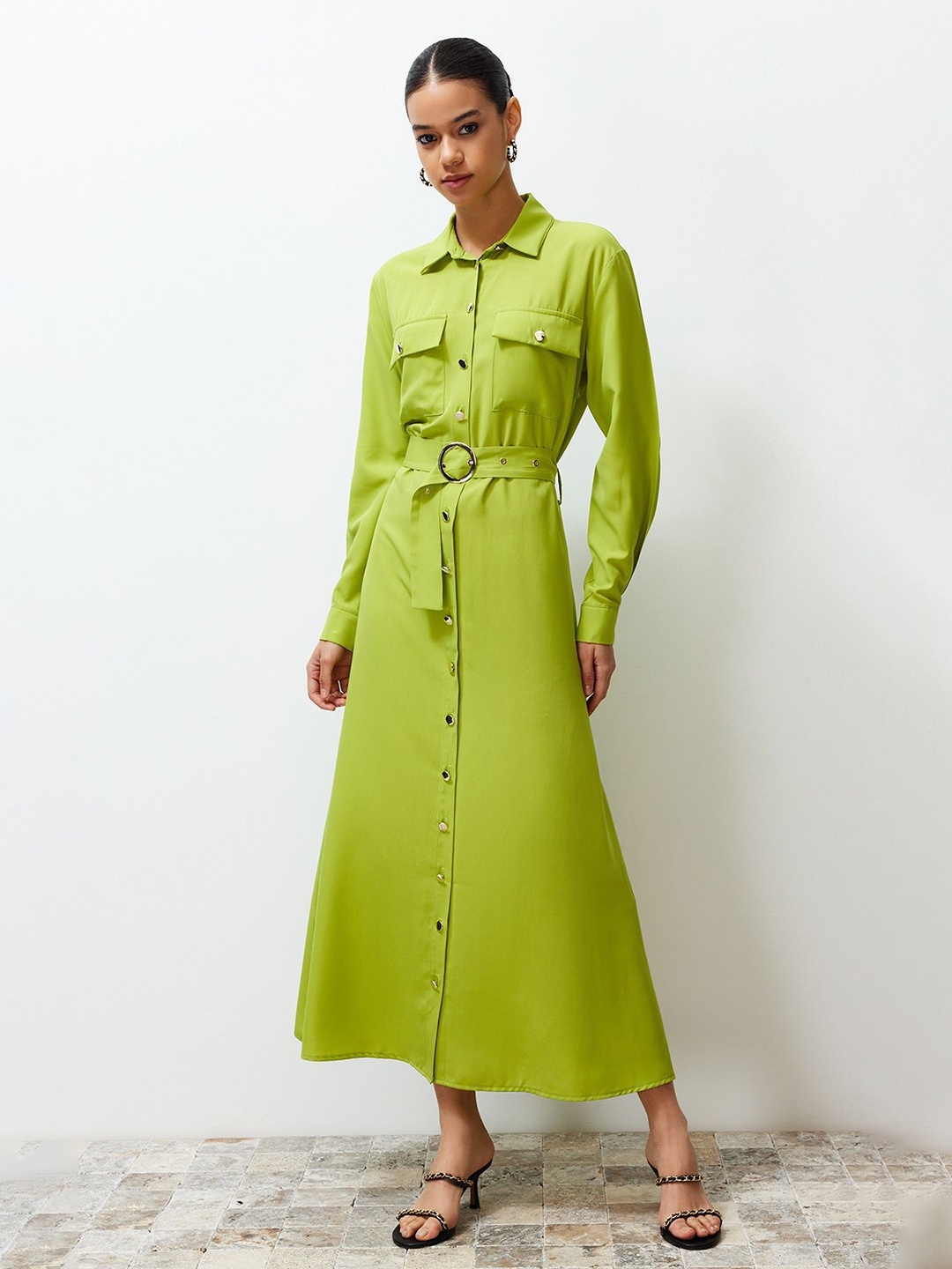 

Trendyol Cuffed Sleeves Shirt Maxi Dress, Green