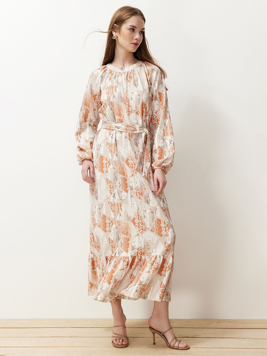 

Trendyol Round Neck Long Puff Sleeves Geometric Print Maxi Dress, Beige