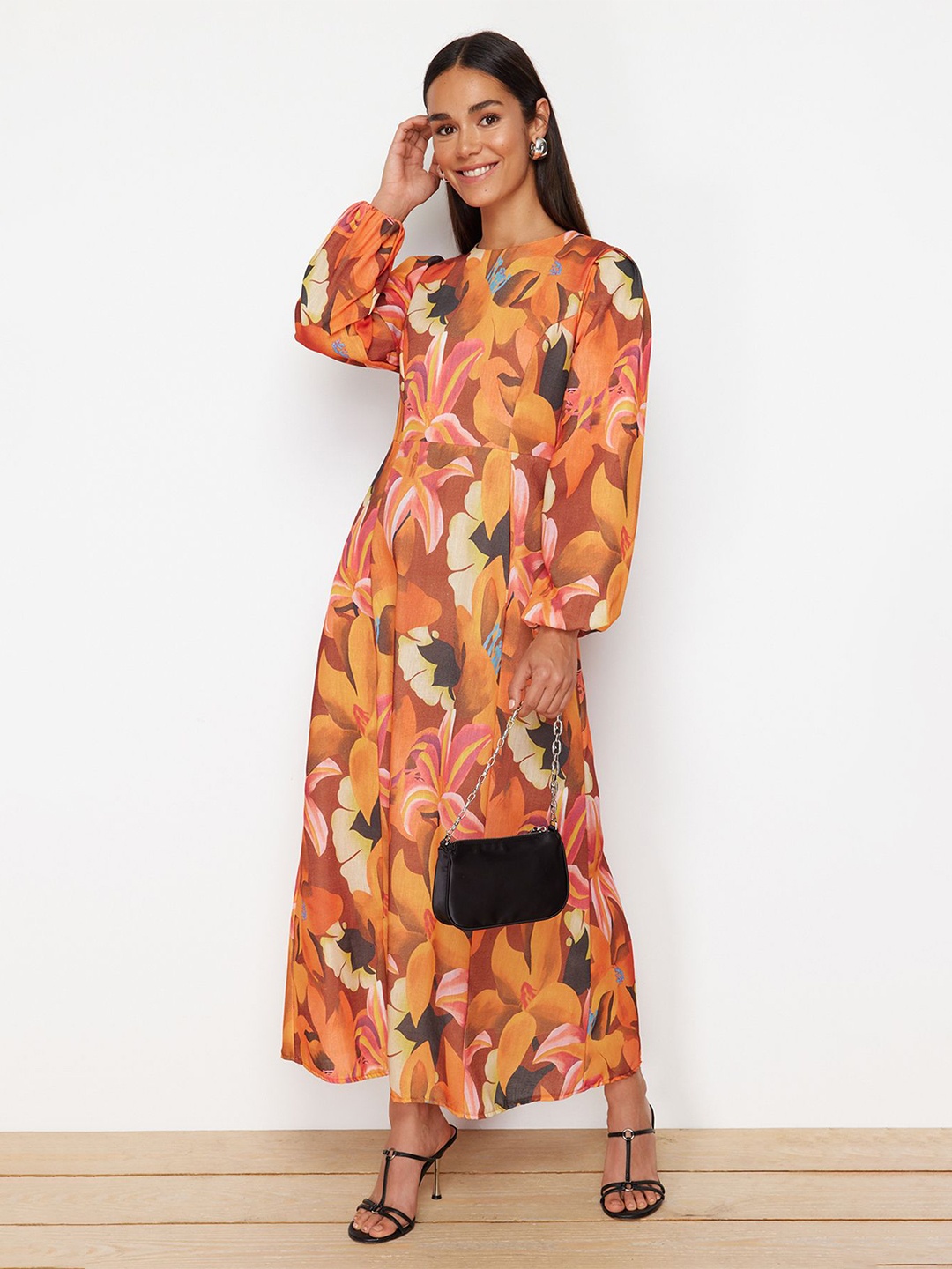 

Trendyol Floral Printed Puff Sleeve Maxi Dress, Orange