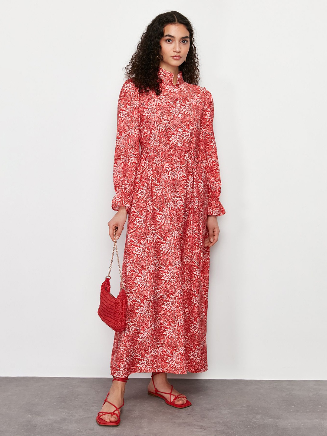 

Trendyol Floral Printed High Neck Maxi Dress, Red