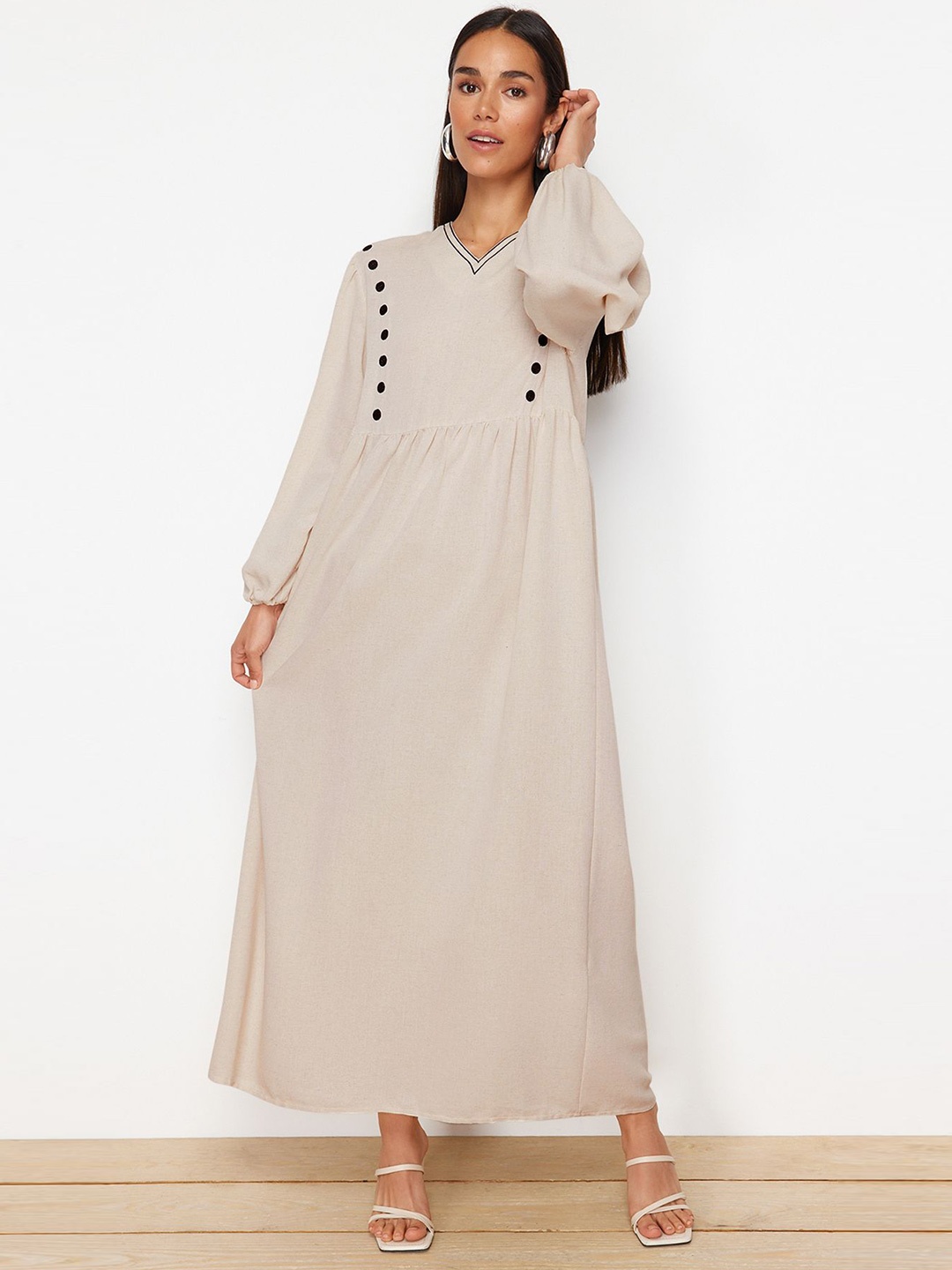 

Trendyol V-Neck Long Puff Sleeve Pure Cotton Maxi Dress, Beige