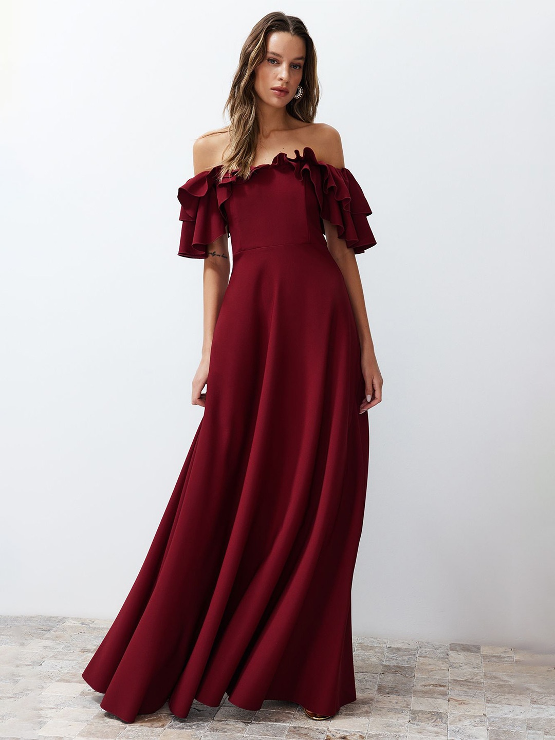 

Trendyol Off-Shoulder Flutter Sleeve Maxi Dress, Burgundy