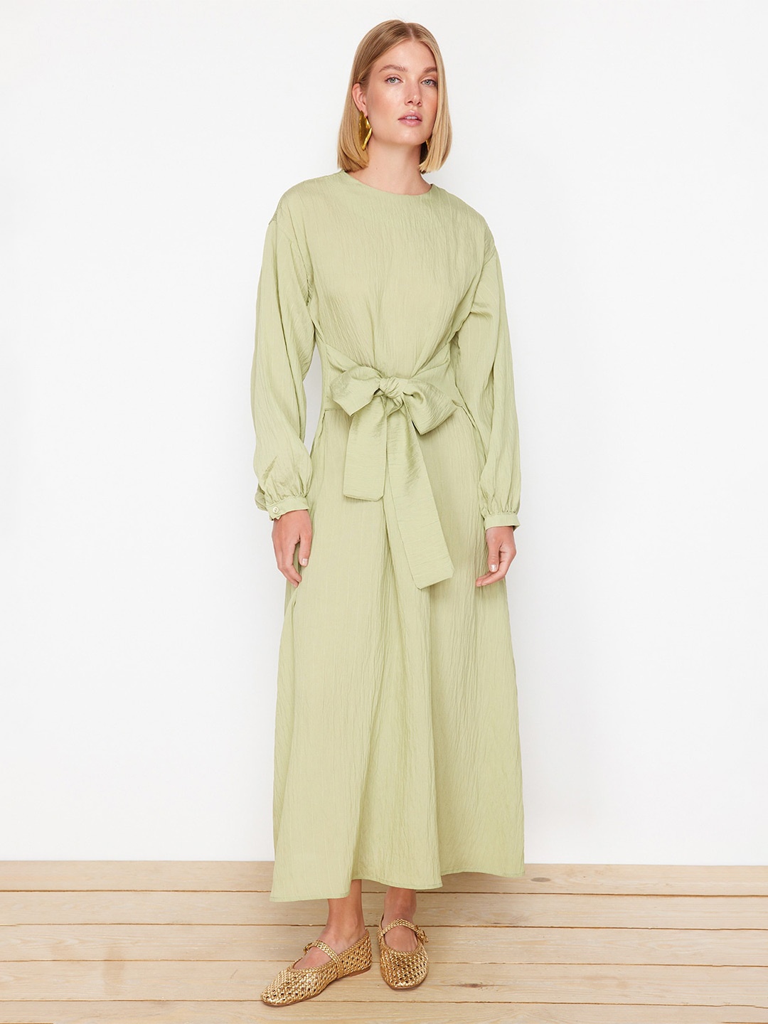 

Trendyol Round Neck Cuffed Sleeves Maxi Midi Dress, Khaki