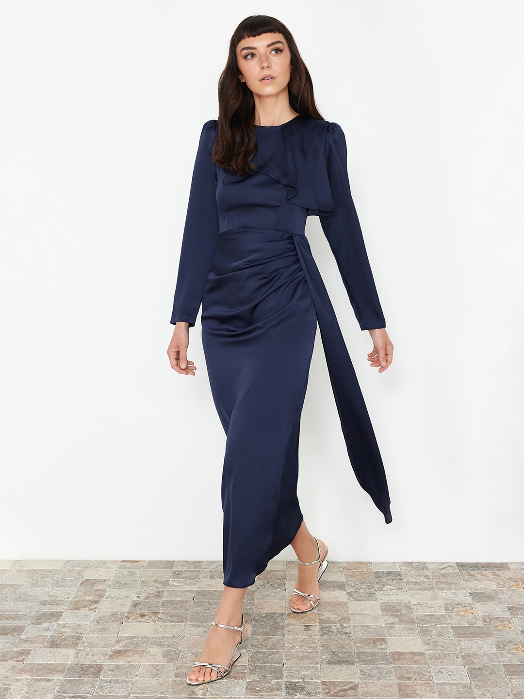 

Trendyol Round Neck Sheath Midi Dress, Navy blue