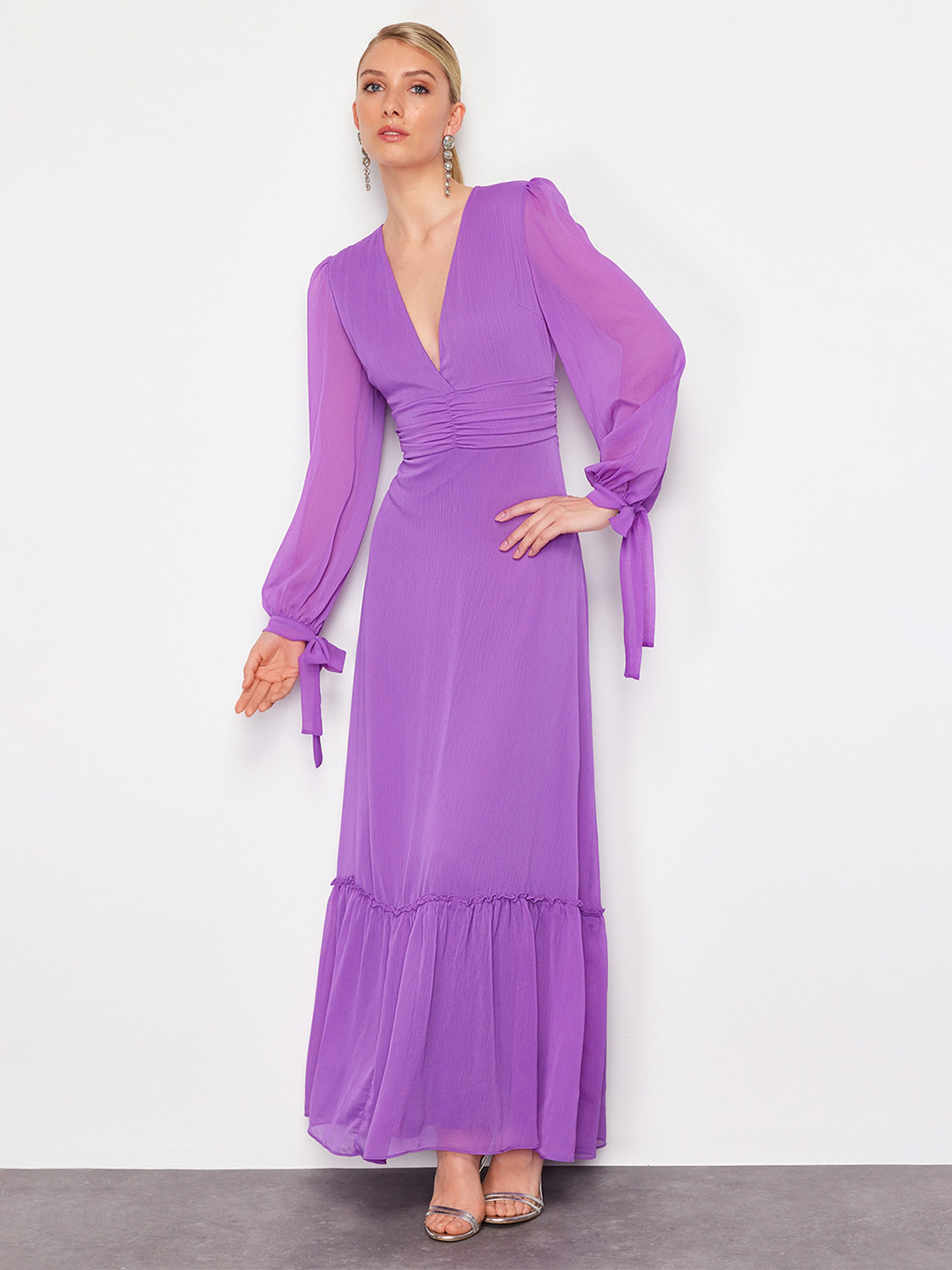 

Trendyol V Neck Puff Sleeve Maxi Dress, Purple