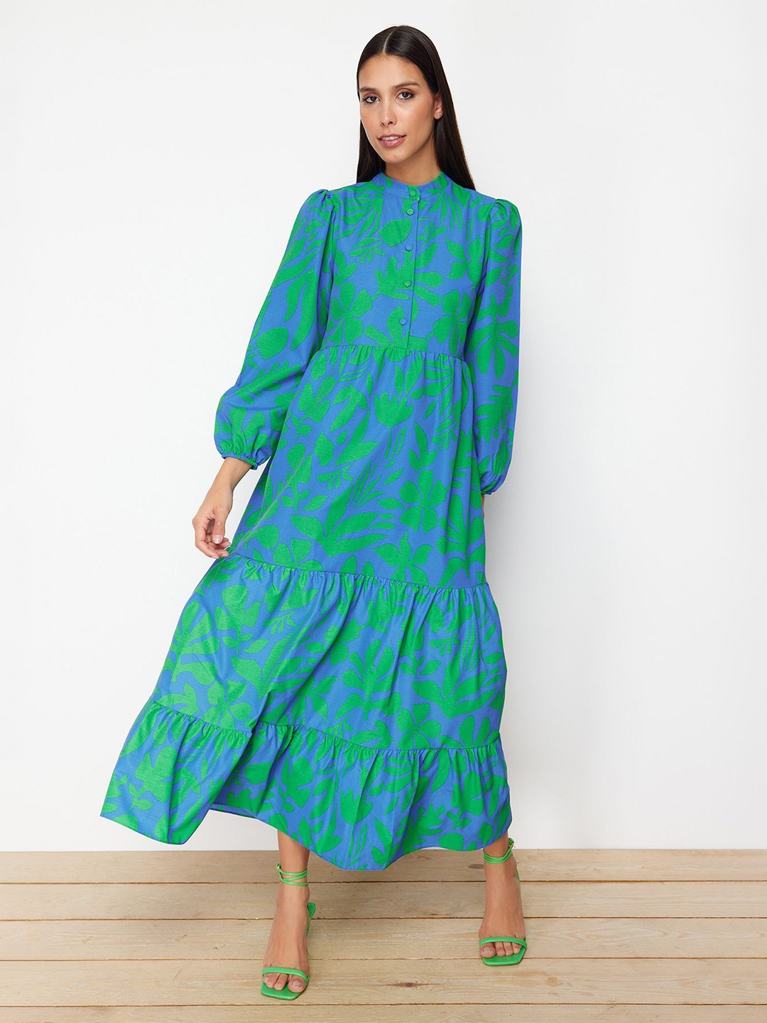 

Trendyol Floral Printed Mandarin Collar Puff Sleeve Maxi Dress, Blue