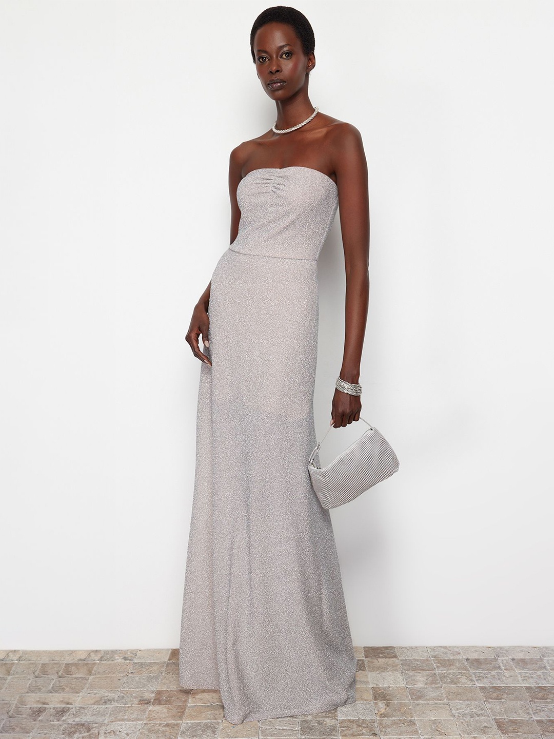 

Trendyol Strapless Fit and Flare Maxi Dress, Grey