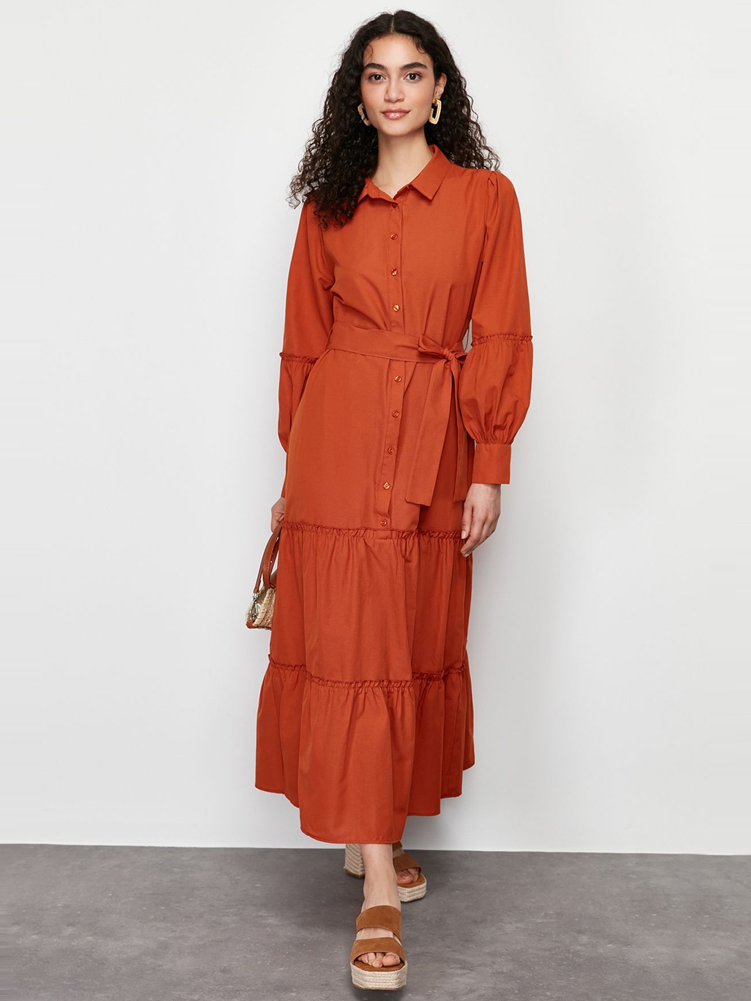 

Trendyol Women Shirt Collar Cuffed Sleeves A-Line Maxi Dress, Rust