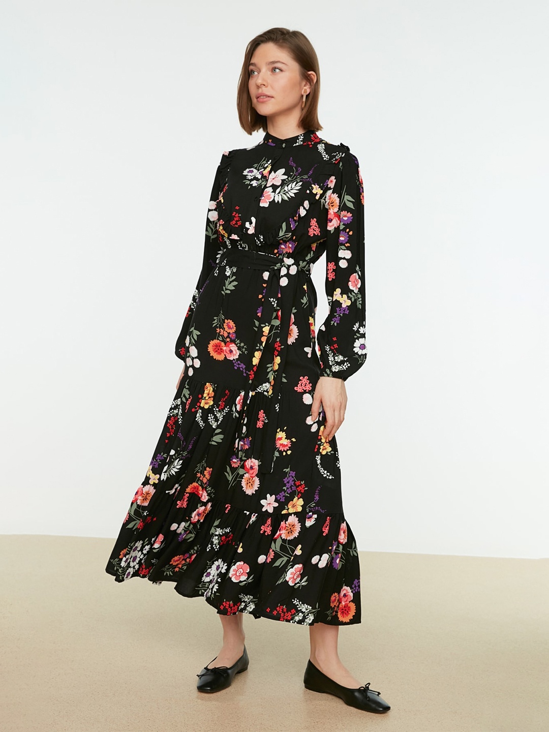 

Trendyol Women Long Puff Sleeves Floral Print Fit & Flare Maxi Dress, Black