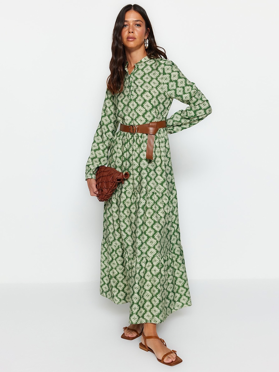 

Trendyol Shirt Collar Floral Print Maxi Dress, Green