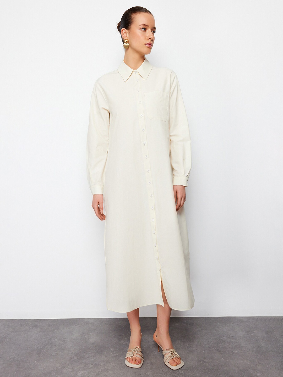 

Trendyol Cuffed Sleeves Cotton Shirt Maxi Dress, Cream