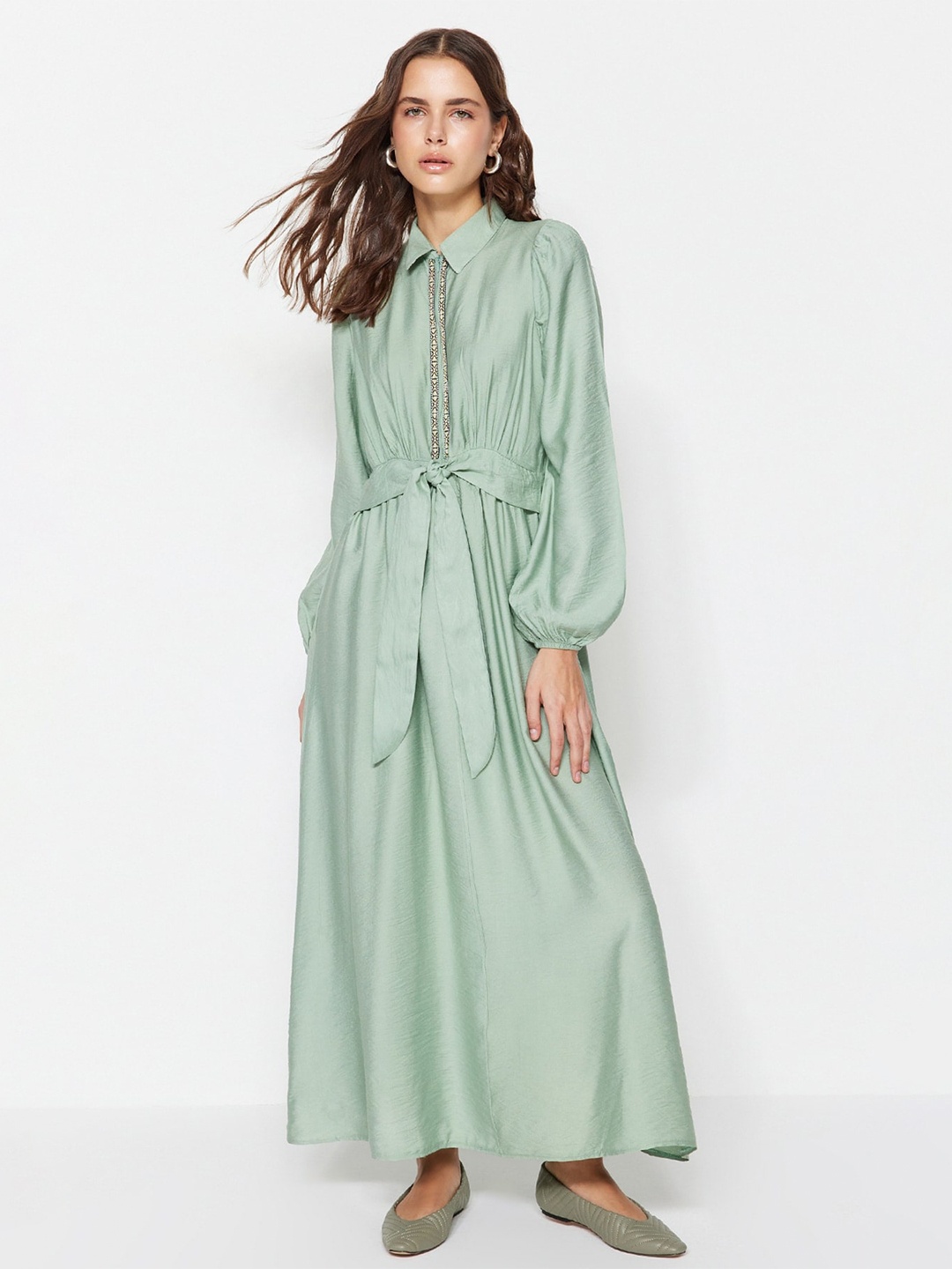 

Trendyol Puff Sleeves Gathered Shirt Maxi Dress, Green