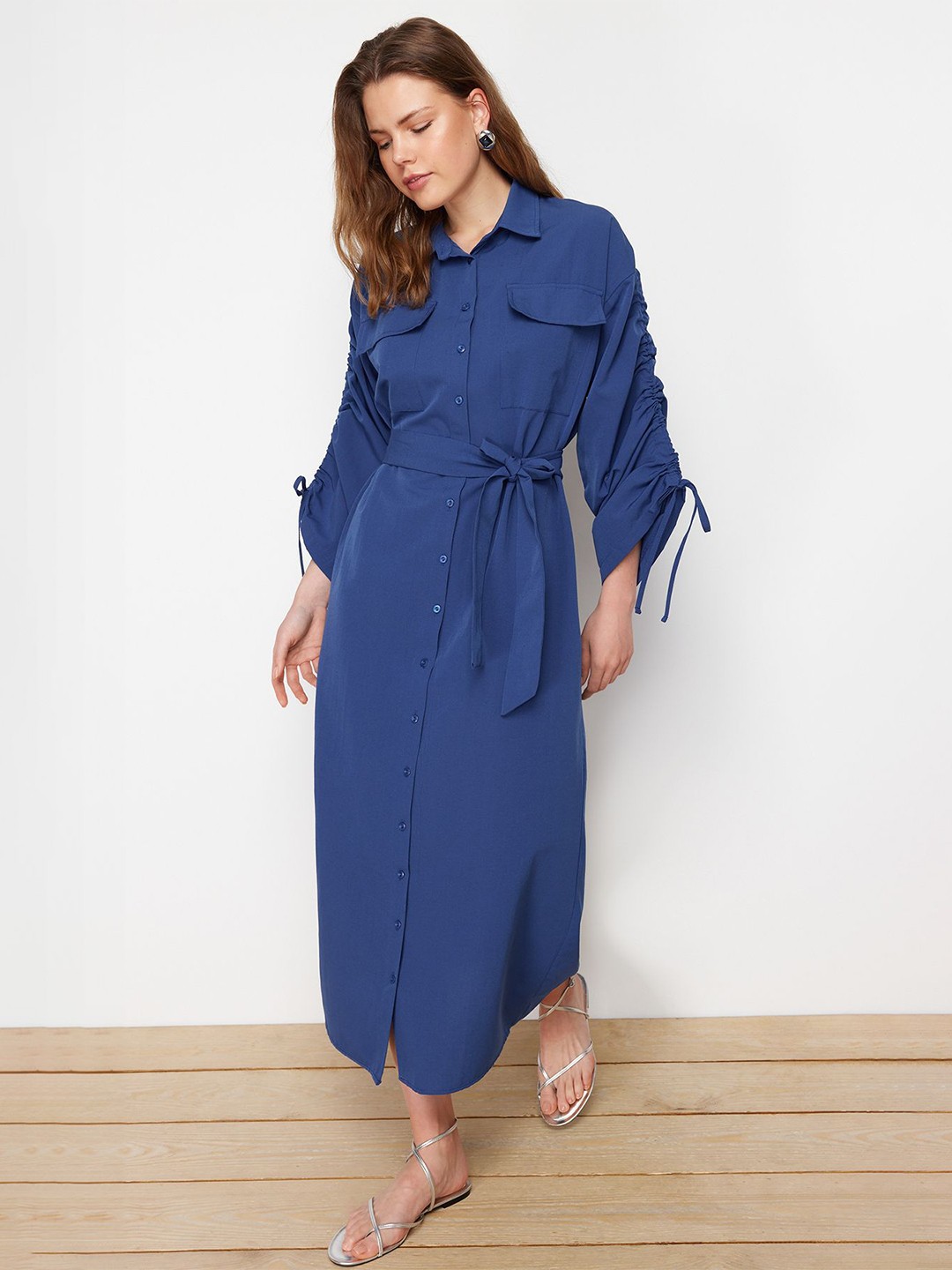

Trendyol Shirt Collar Long Sleeves Shirt Midi Dress, Blue