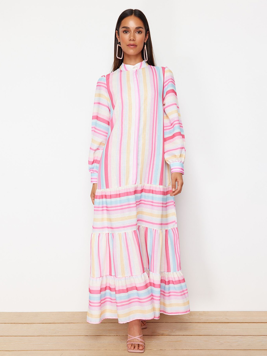

Trendyol High Neck Long Cuffed Sleeves Striped Maxi Dress, Pink