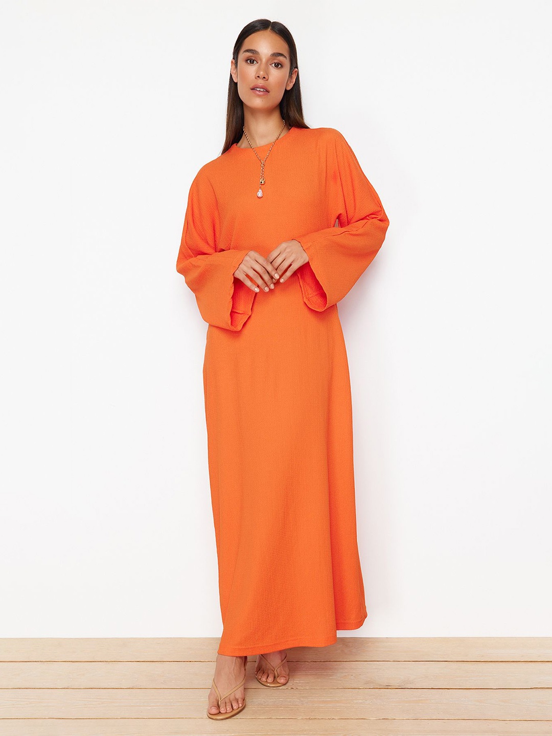 

Trendyol Flared Sleeve Round Neck Maxi Dress, Orange