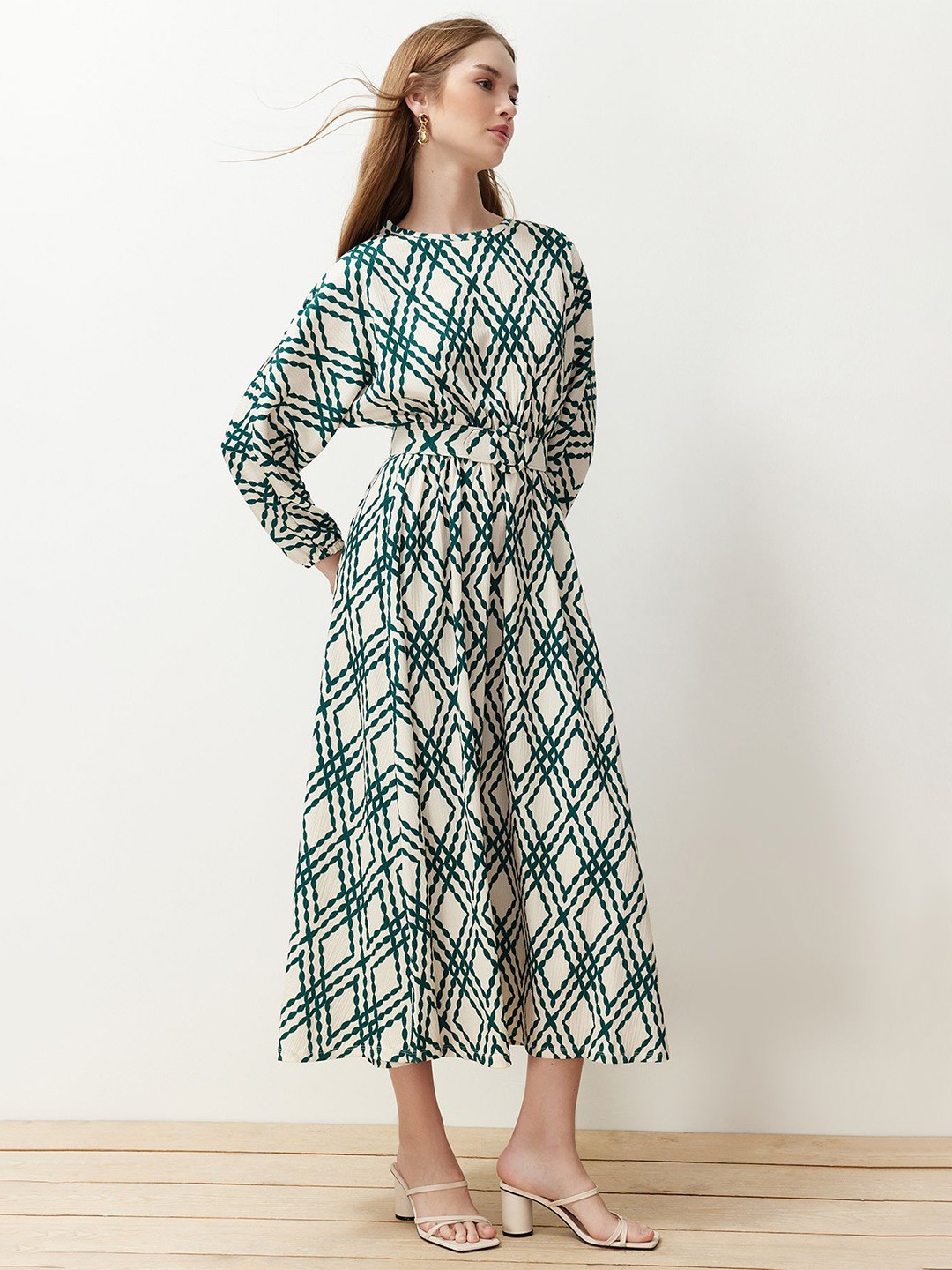 

Trendyol Geometric Printed Belted Midi Fit & Flare Dress, Beige