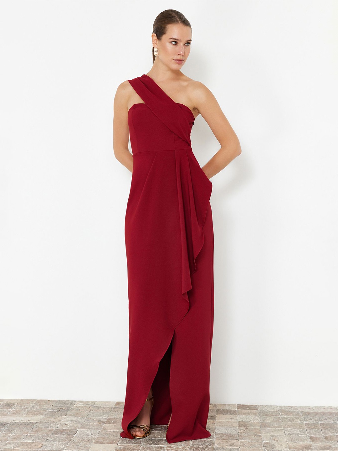 

Trendyol One Shoulder Layered Maxi Dress, Burgundy