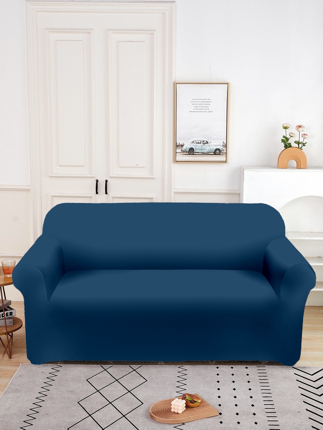 

Aura Blue Double Seater Sofa Cover With Arms