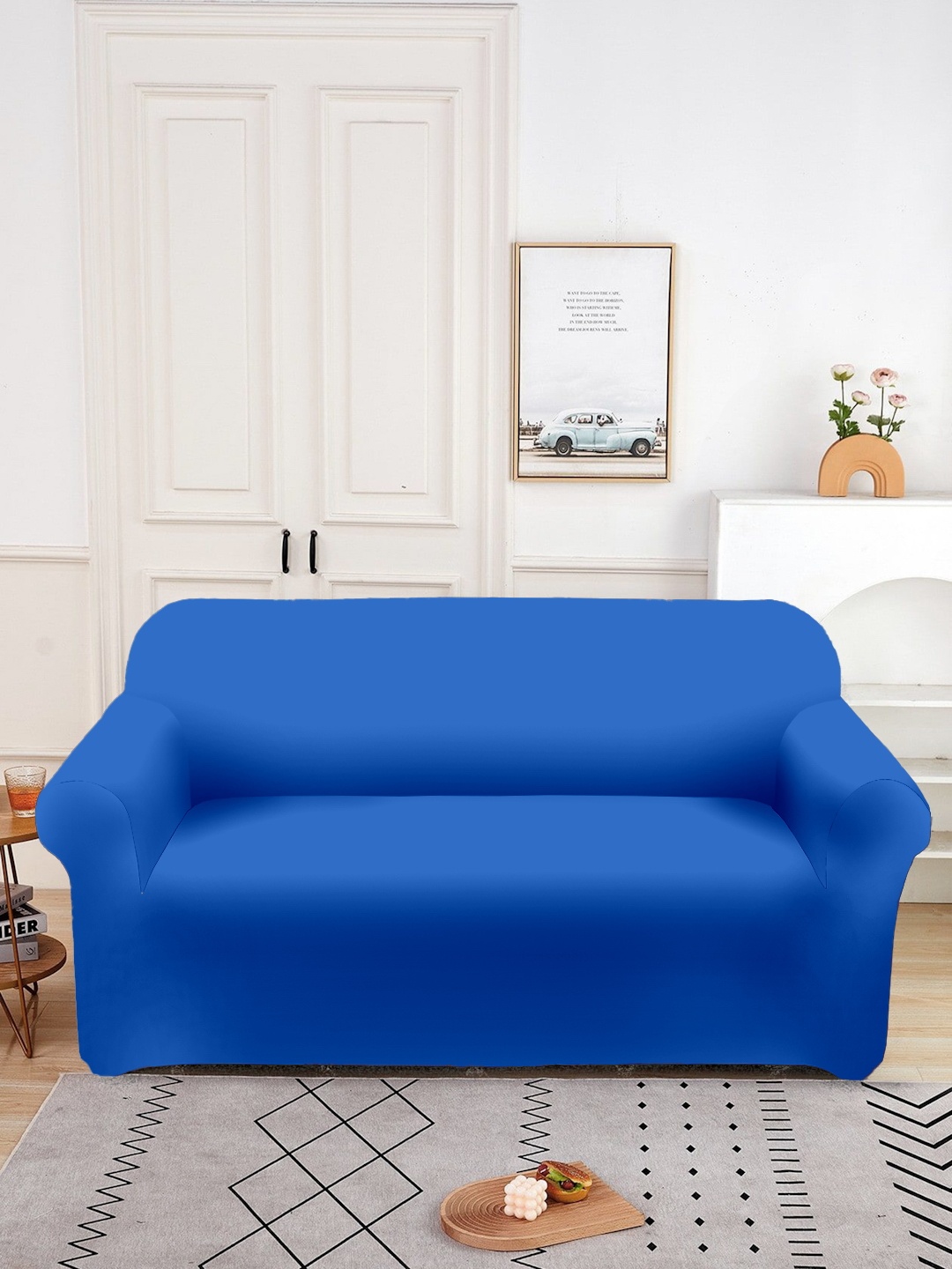 

Aura Blue Double Seater Sofa Cover With Arms