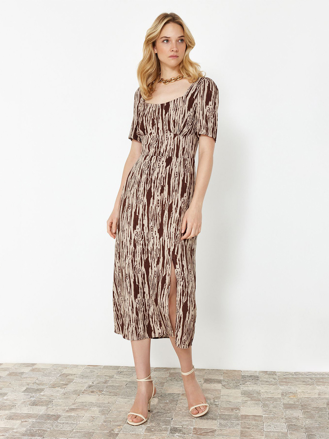

Trendyol Abstract Printed Square Neck A-Line Midi Dress, Beige