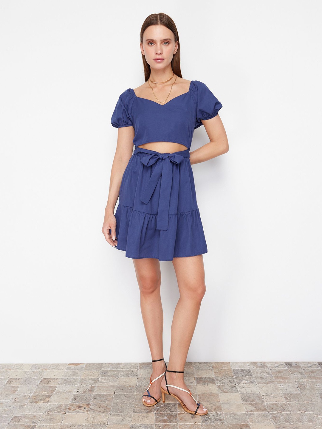 

Trendyol Sweetheart Neck Puff Sleeve Cotton Fit & Flare Dress, Blue