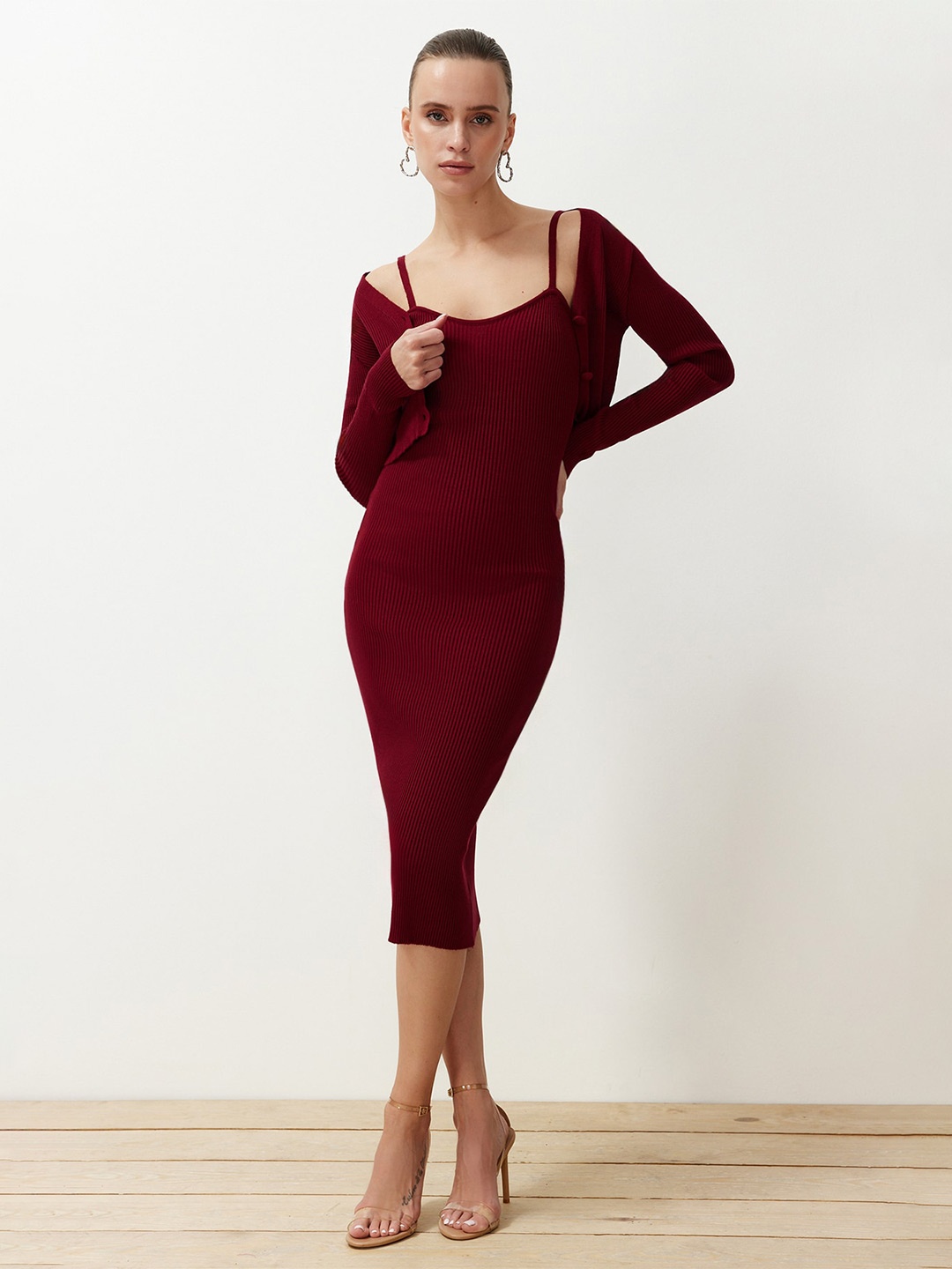 

Trendyol Burgundy Shoulder Straps Bodycon Midi Dress