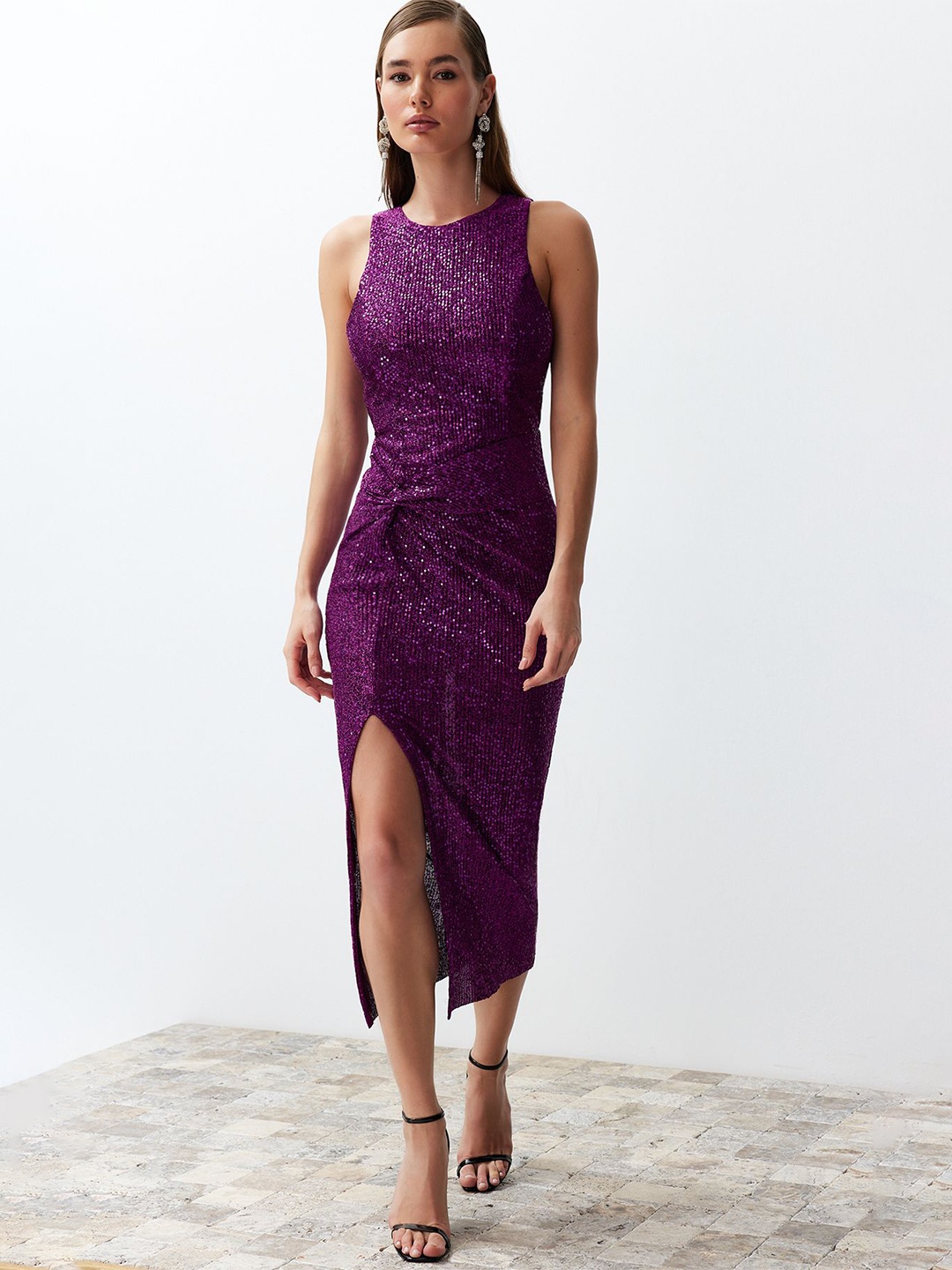 

Trendyol Round Neck Embellished Sheath Midi Dress, Purple