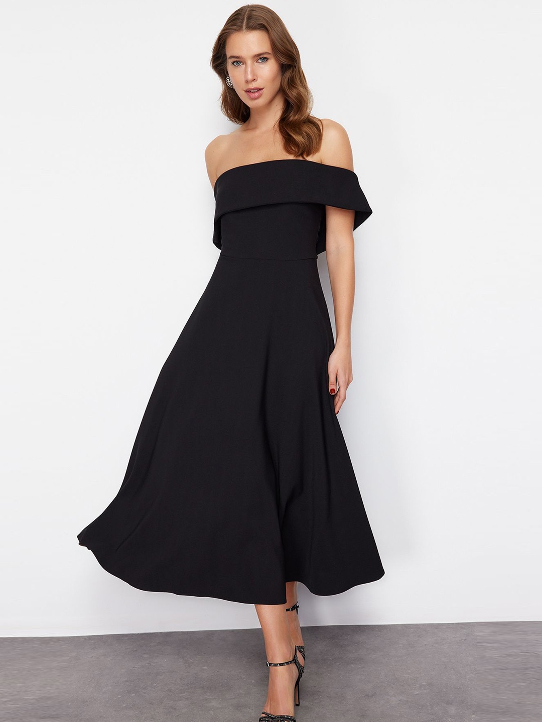 

Trendyol Off-Shoulder Fit & Flare Midi Dress, Black