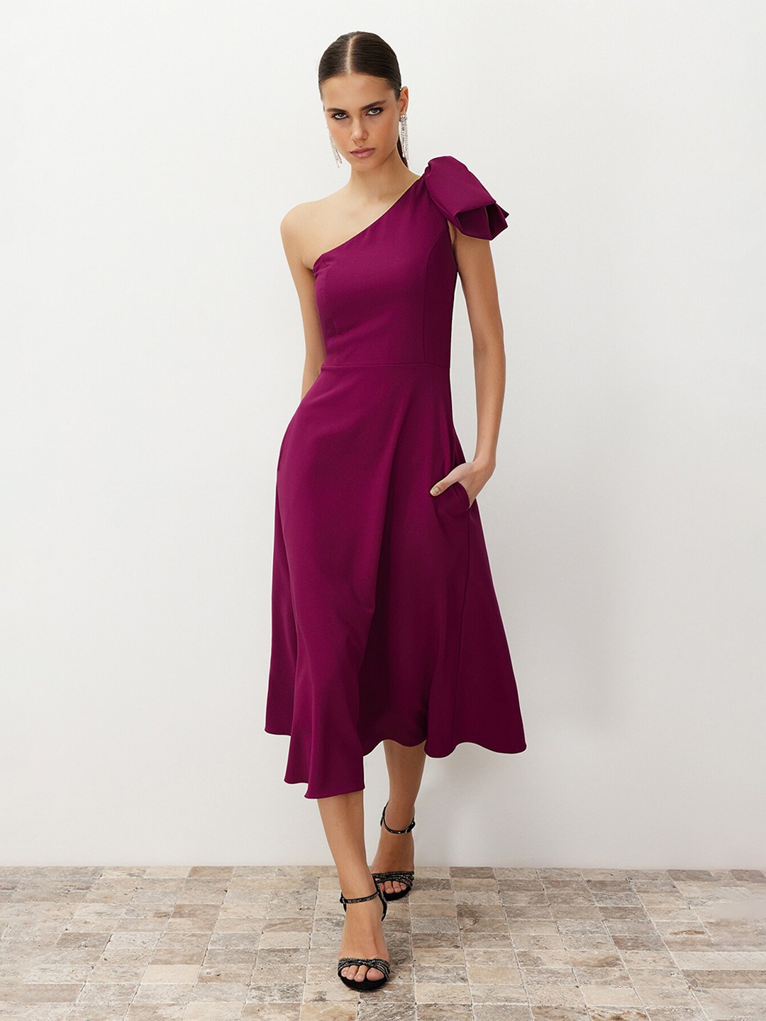 

Trendyol One Shoulder Bow Midi Fit & Flare Dress, Purple
