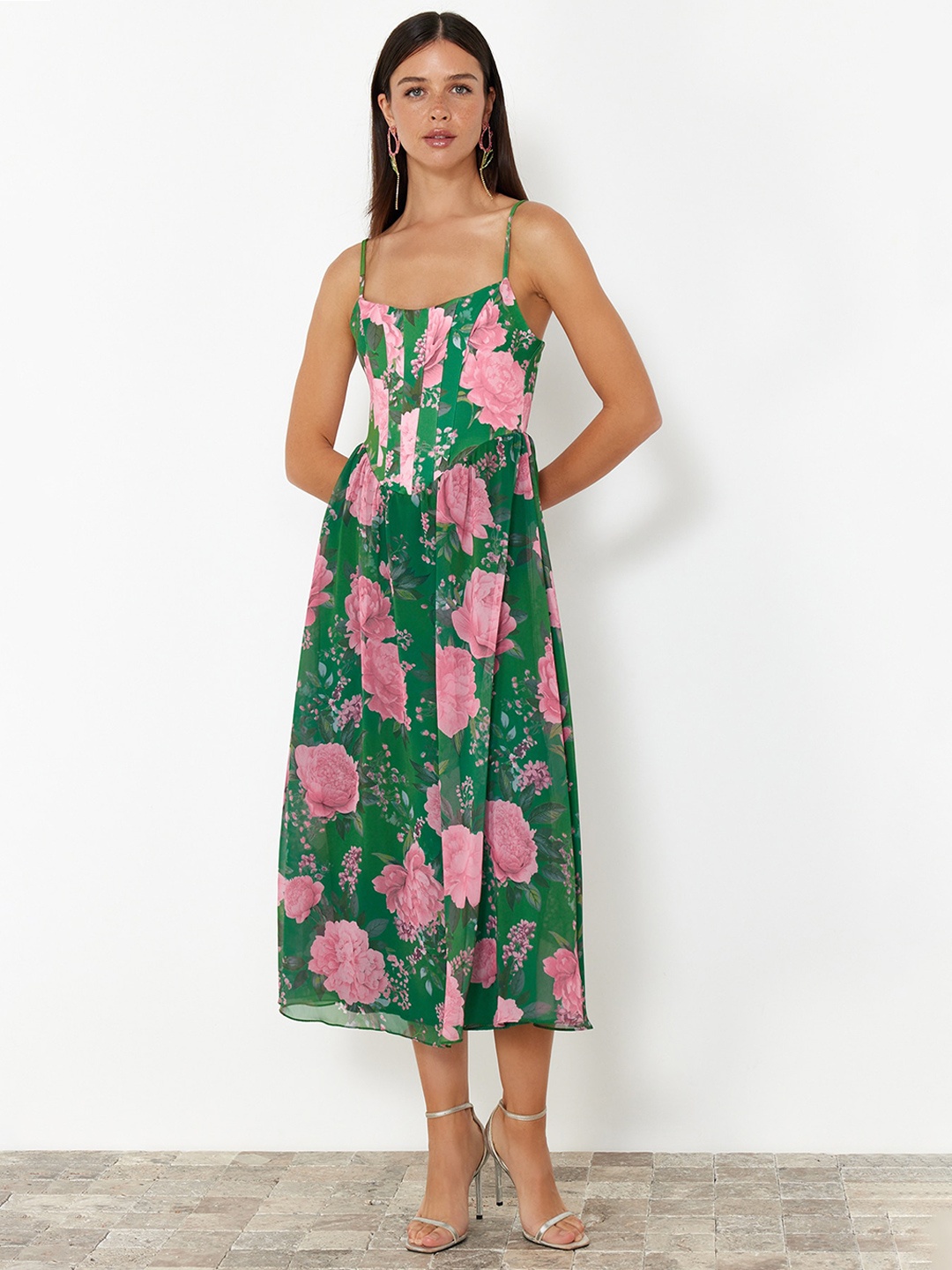 

Trendyol Shoulder Straps Floral Printed Fit & Flare Midi Dress, Green