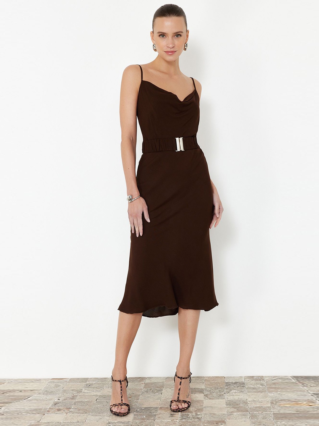 

Trendyol Women Shoulder Straps Belted Sheath Midi Dress, Brown