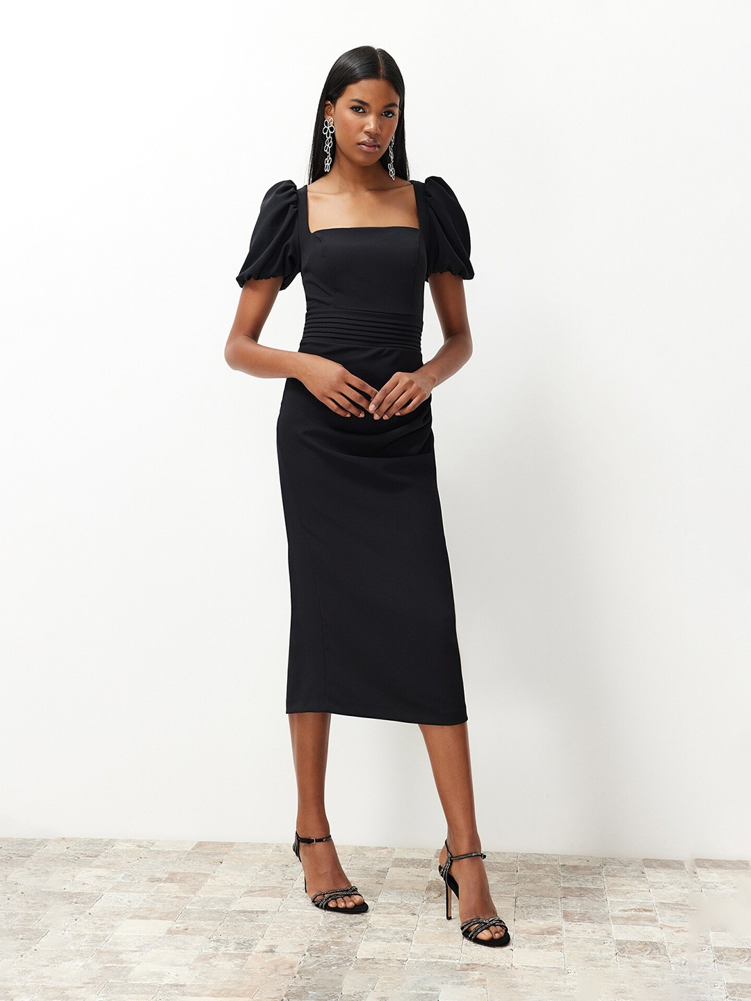 

Trendyol Square Neck Puff Sleeve Bodycon Midi Dress, Black
