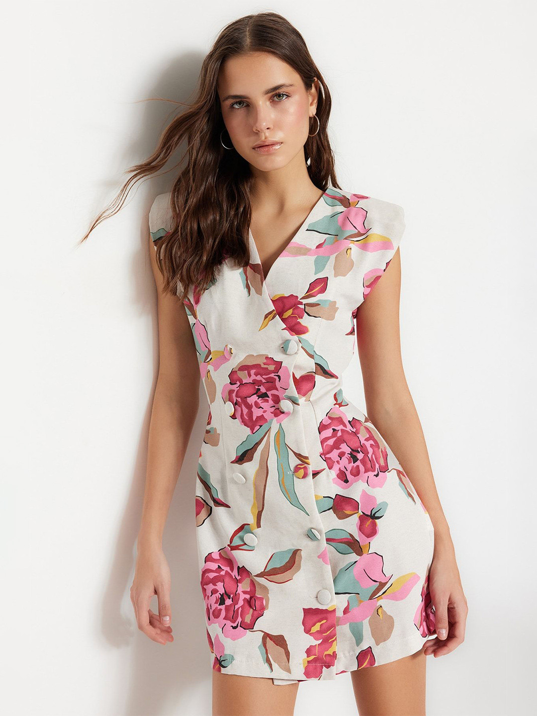 

Trendyol Floral Printed V-Neck Fit & Flare Dress, White