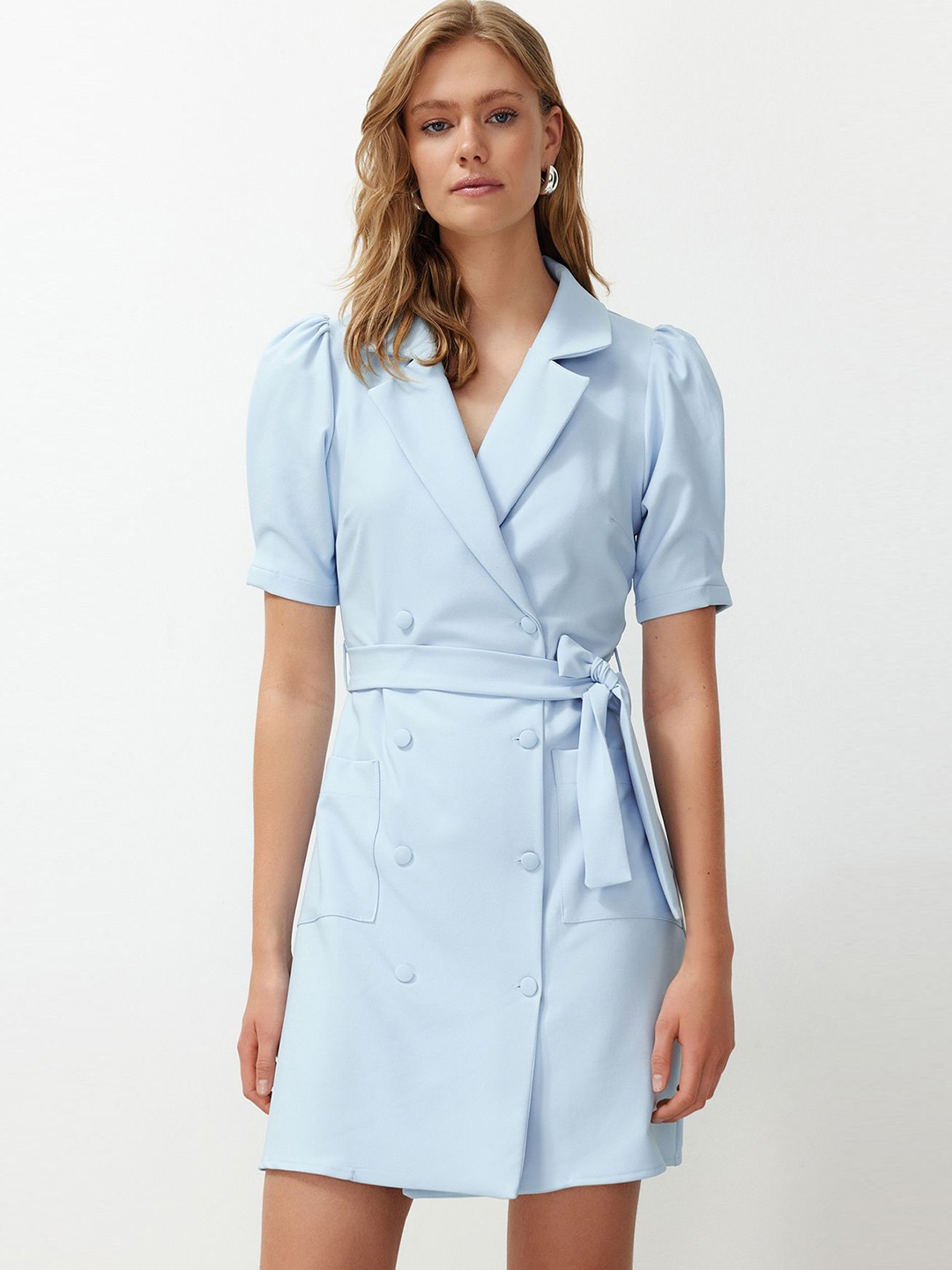 

Trendyol Women Cuban Collar Belted Wrap Dress, Blue