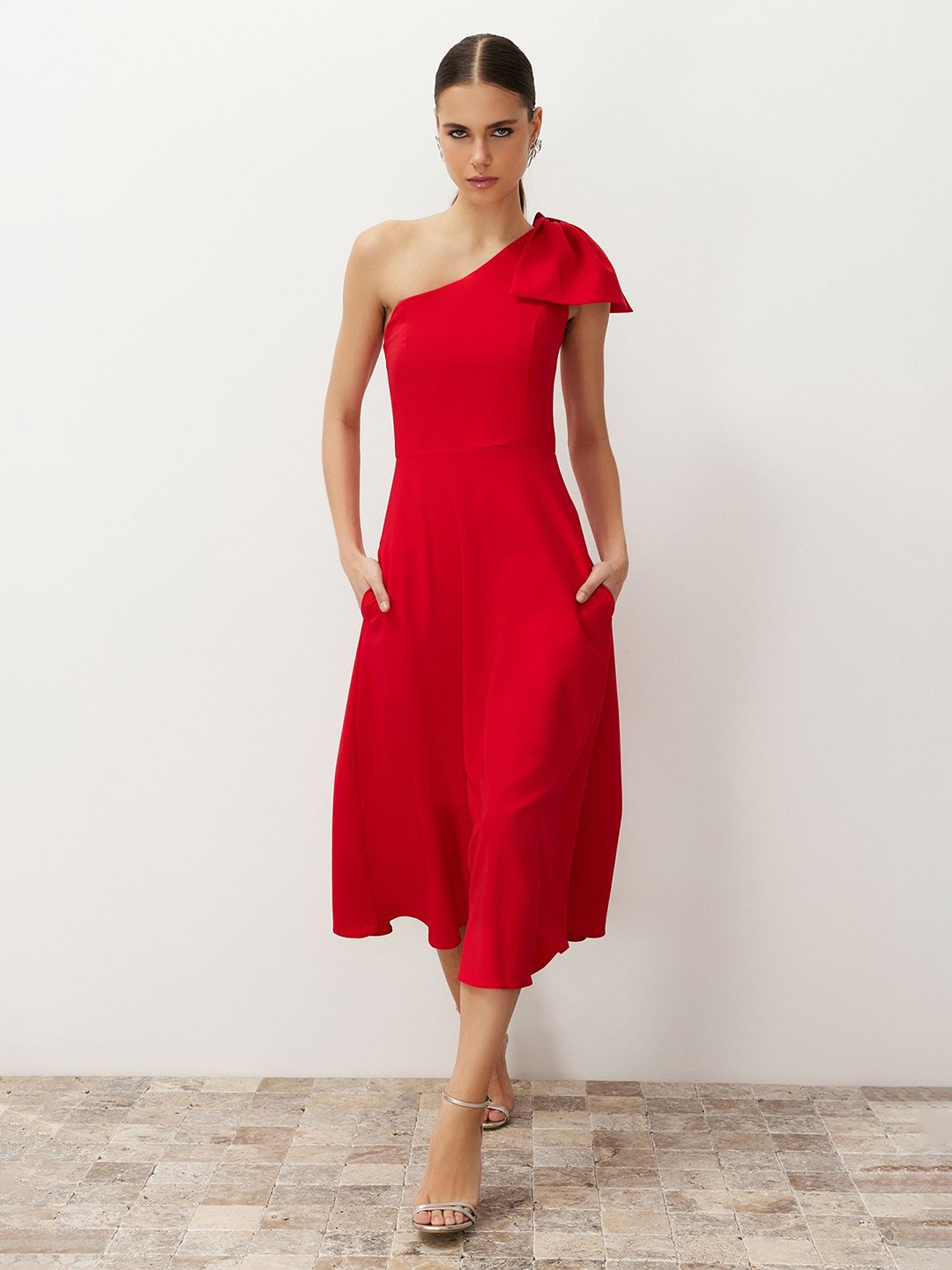 

Trendyol One Shoulder Sleeveless Fit & Flare Midi Dress, Red