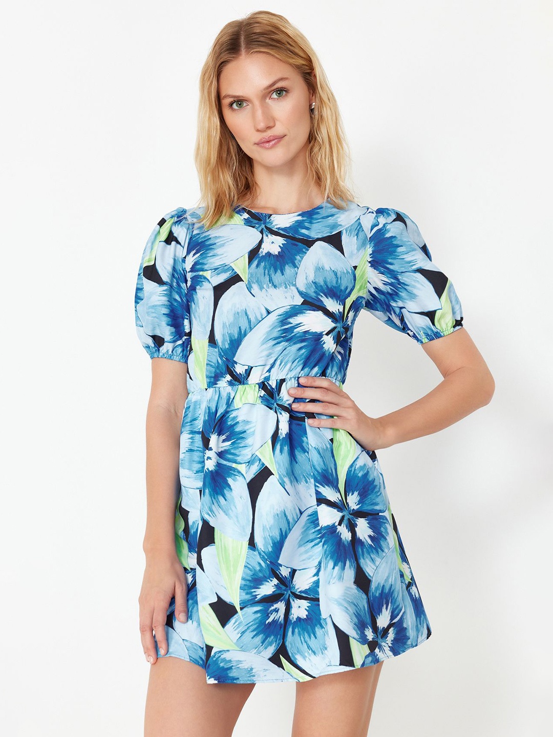 

Trendyol Floral Printed Puff Sleeve Cotton Fit & Flare Mini Dress, White