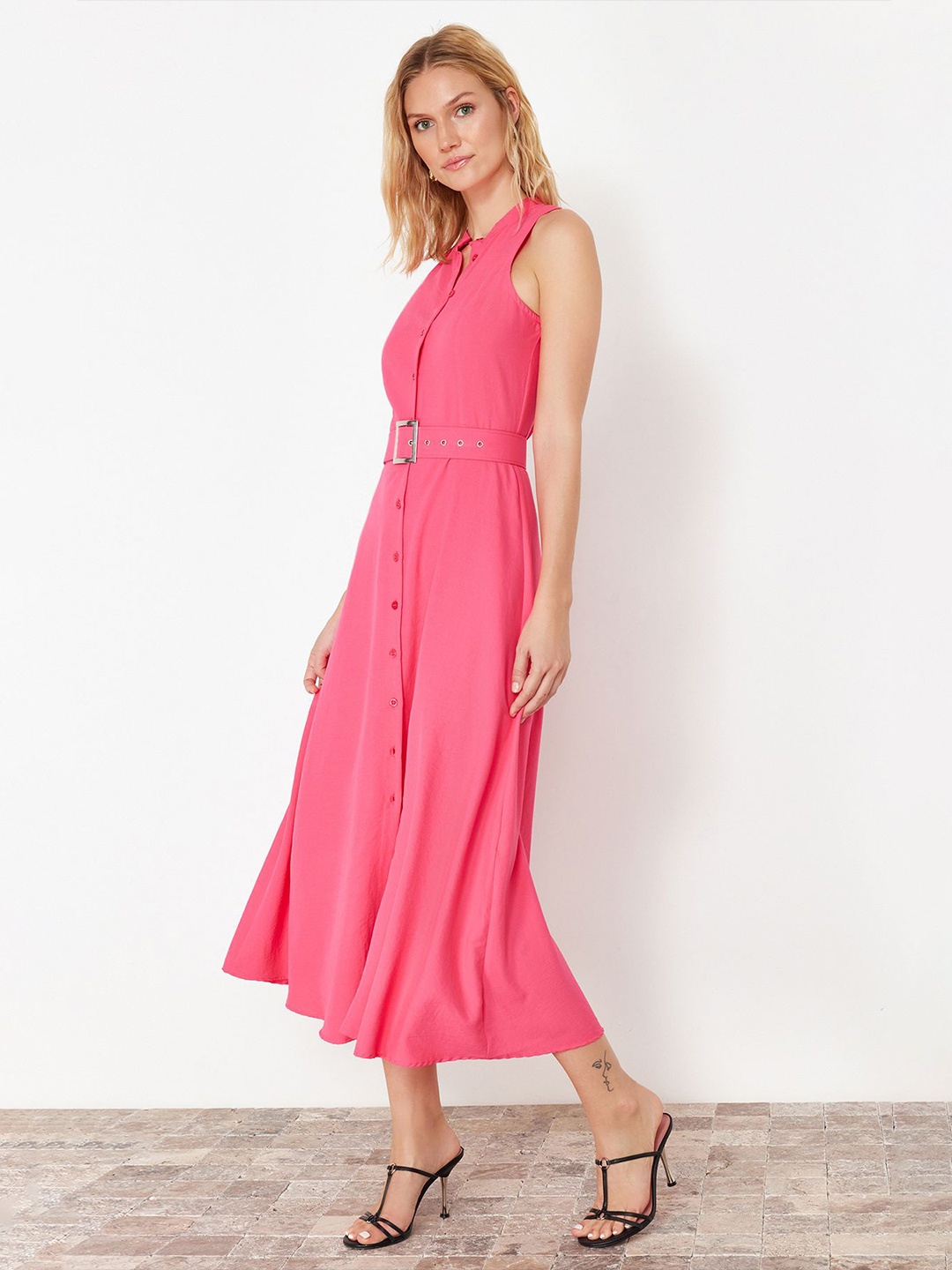 

Trendyol Mandarin Collar A-Line Midi Dress, Pink