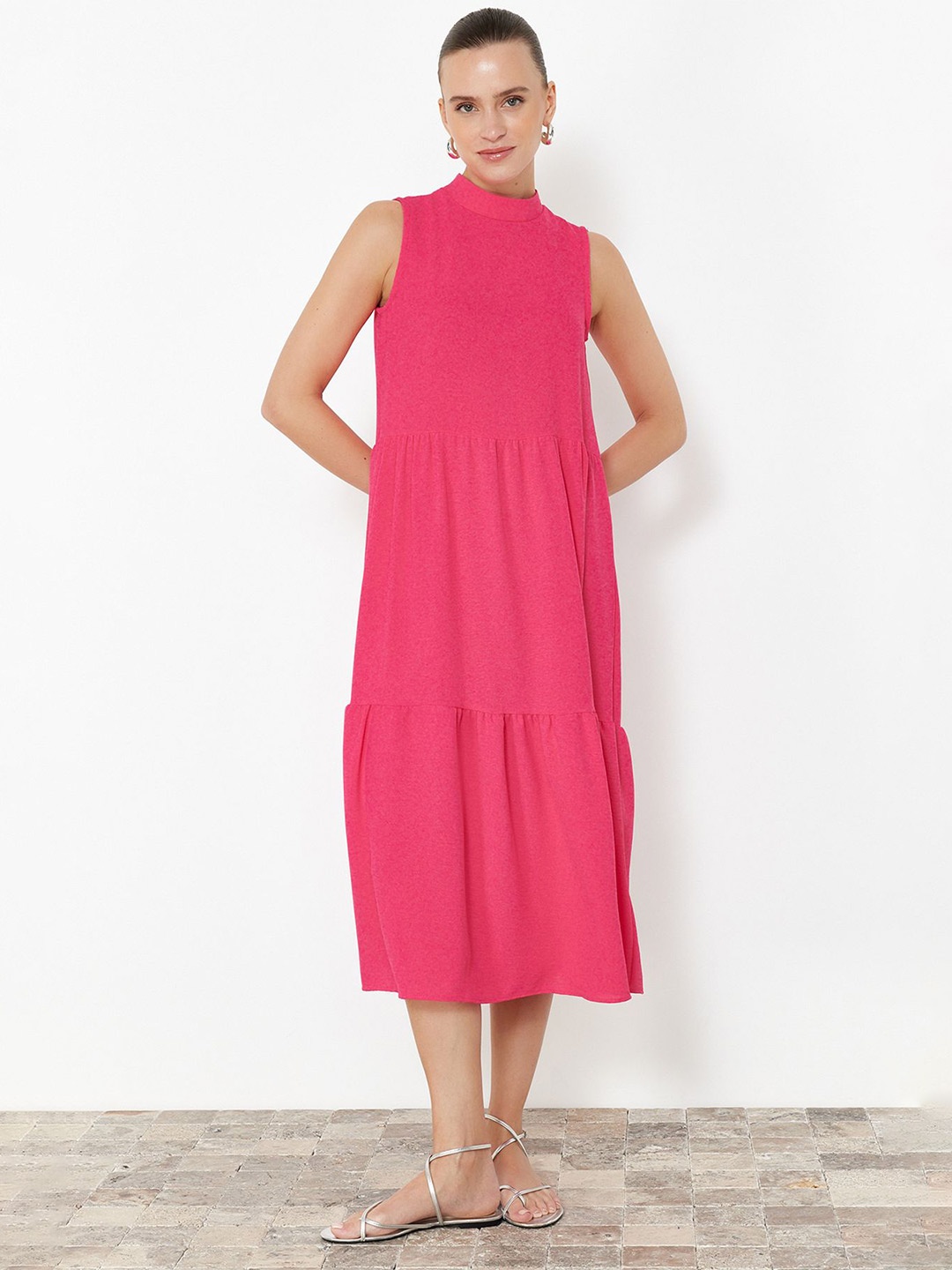

Trendyol High Neck Tiered A-Line Midi Dress, Fuchsia