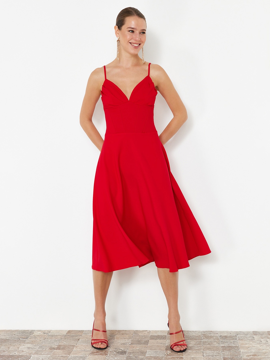 

Trendyol Women Shoulder Straps Fit & Flare Midi Dress, Red