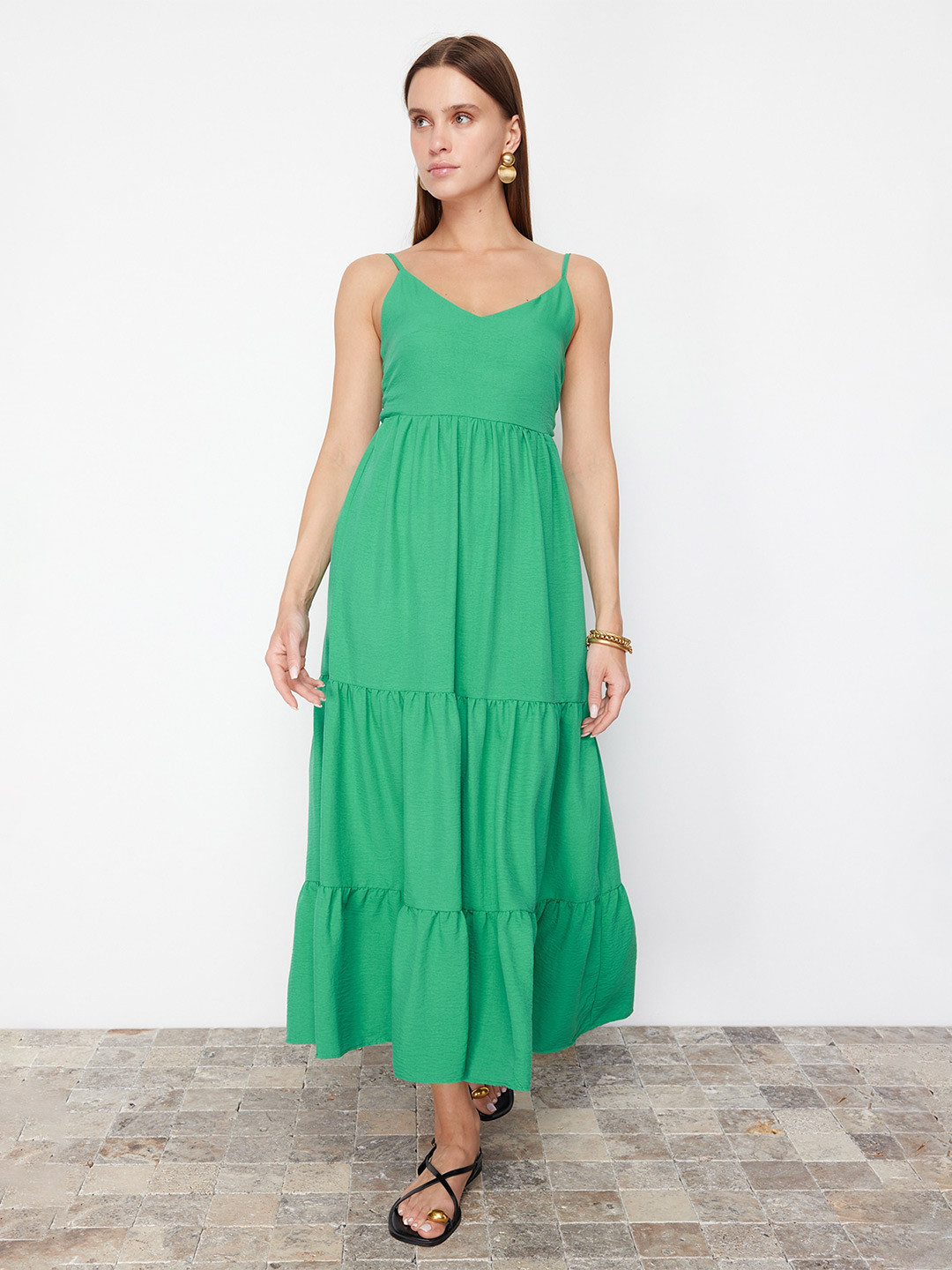 

Trendyol Shoulder Straps Tiered Empire Midi Dress, Green
