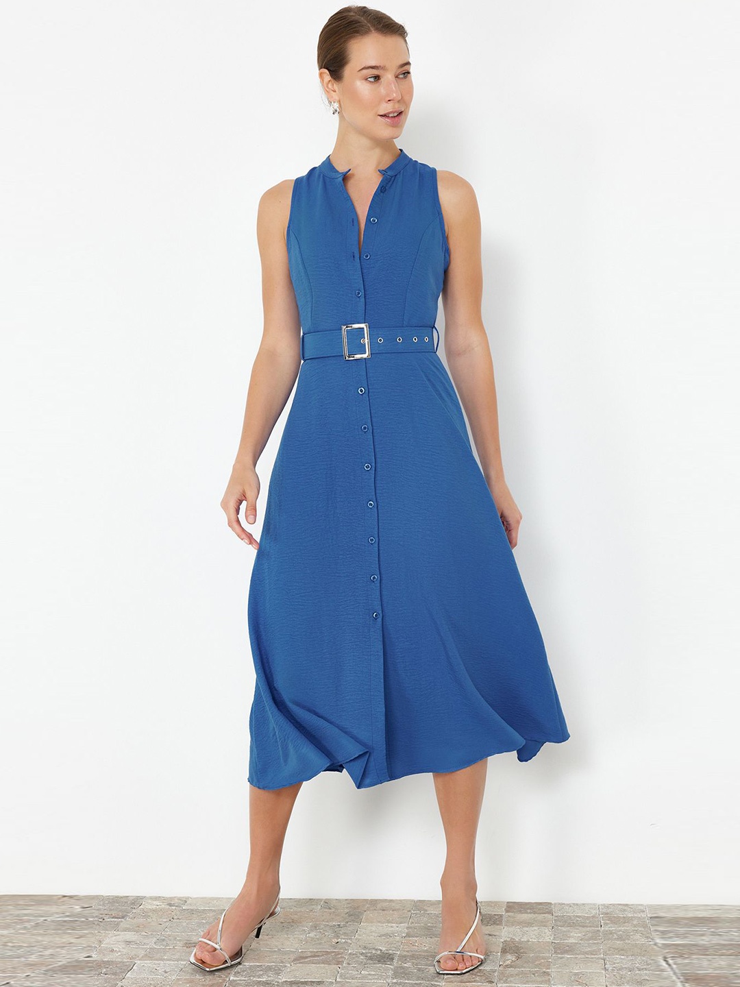 

Trendyol Mandarin Collar Shirt Midi Dress, Blue