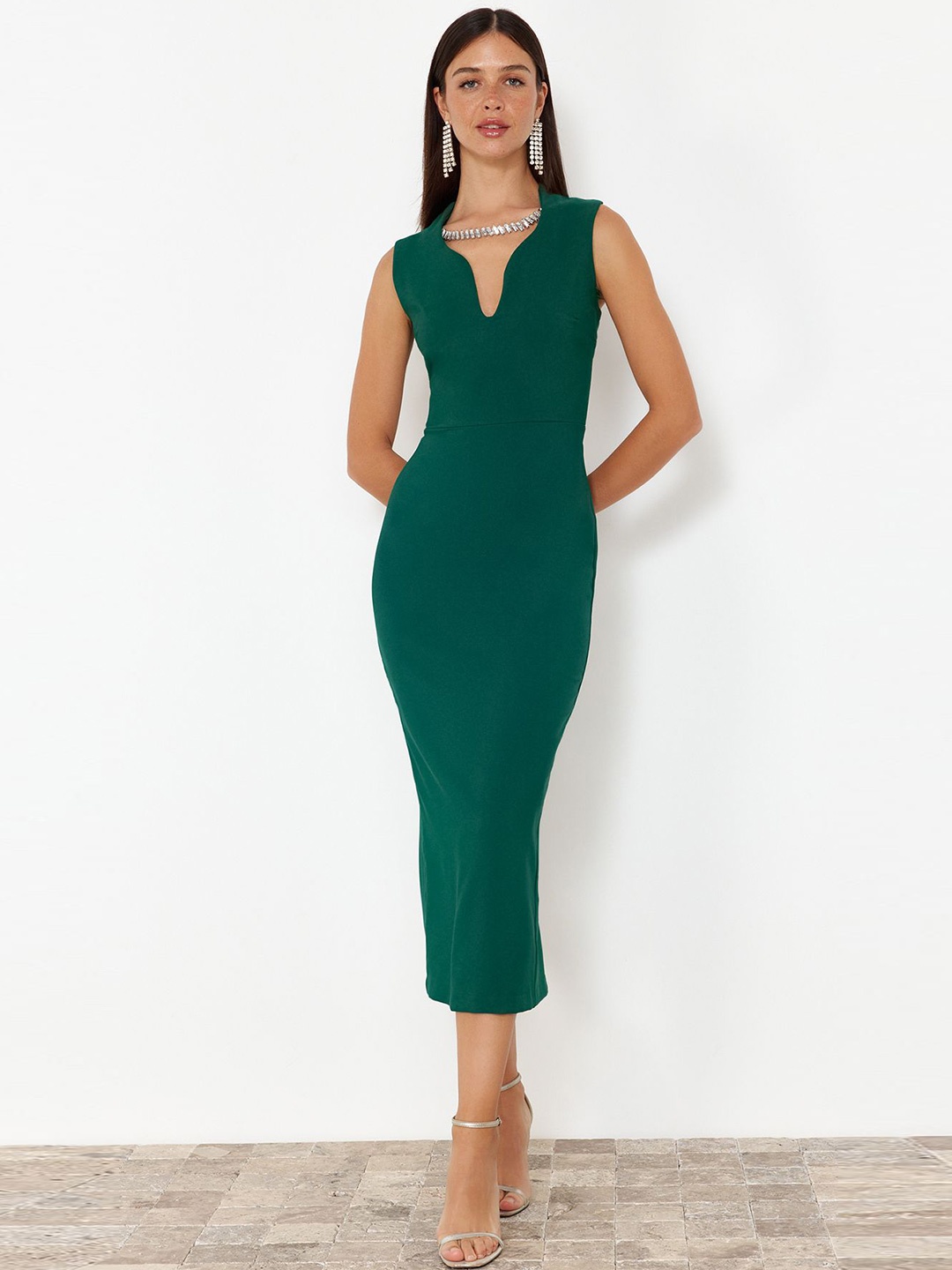 

Trendyol Notch Neck Sleeveless Bodycon Midi Dress, Green