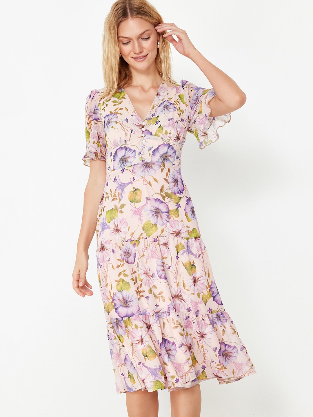 

Trendyol Floral Printed V-Neck Flared Sleeves Tiered Fit and Flare Midi Dress, Beige