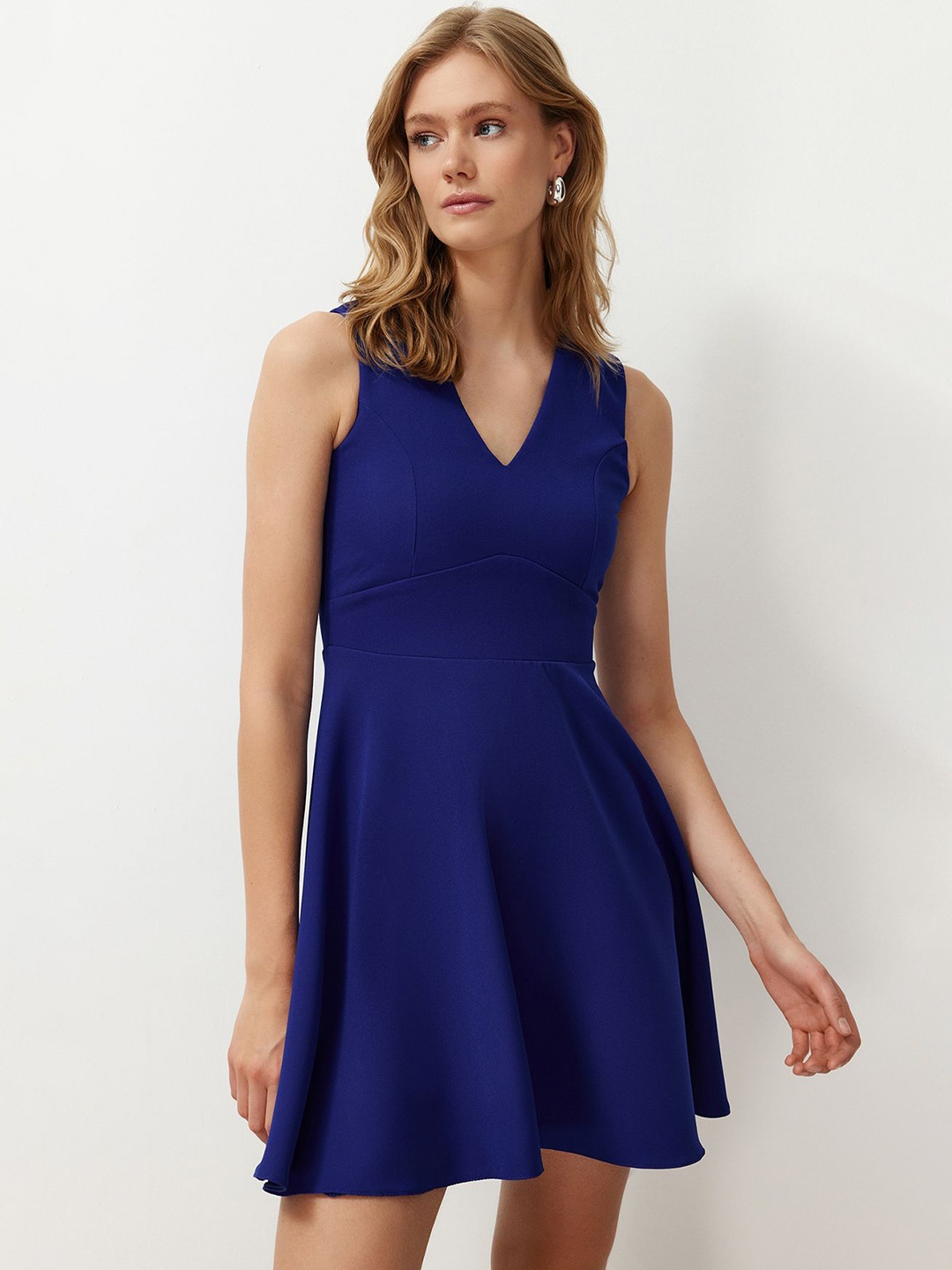 

Trendyol Women V Neck Sleeveless Fit & Flare Dress, Blue