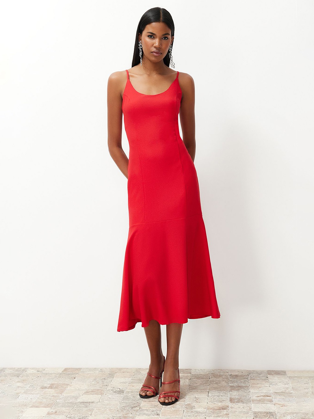 

Trendyol Shoulder Straps Sleeveless A-Line Midi Dress, Orange