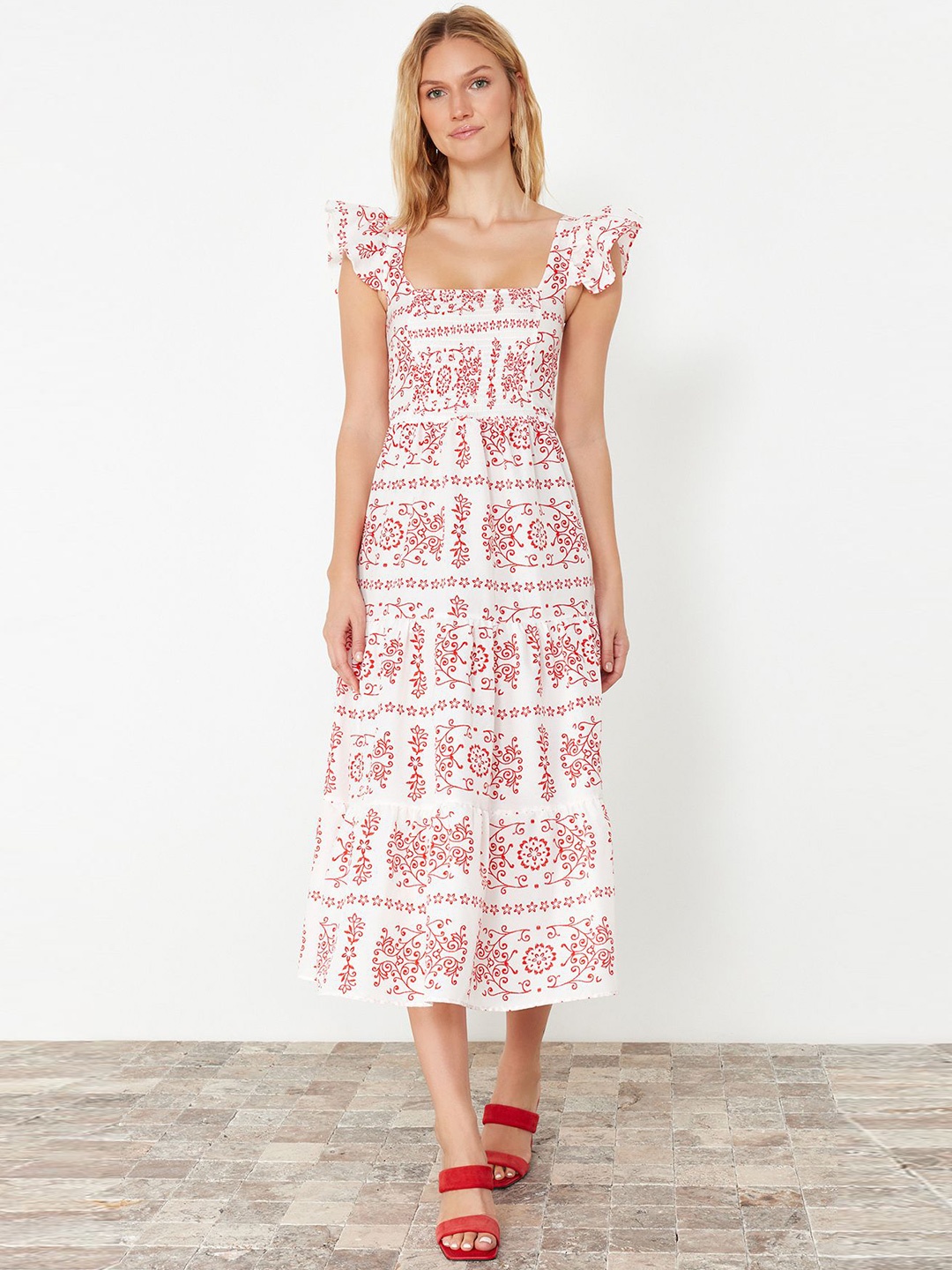 

Trendyol Women Floral Printed Flutter Sleeve Tiered Fit & Flare Midi Dress, White