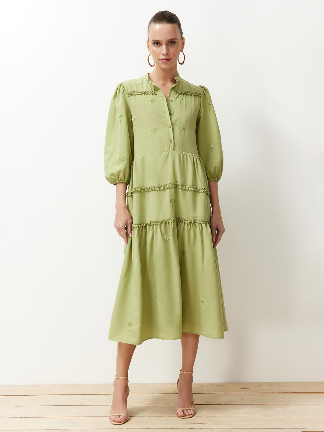 

Trendyol Floral Embroidered Mandarin Collar Puff Sleeve A-Line Midi Dress, Green