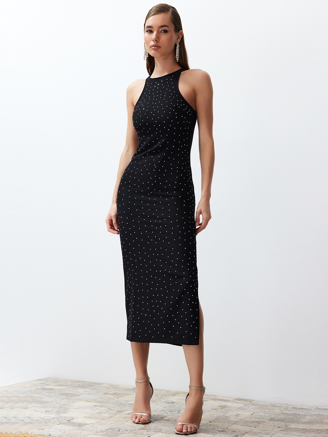 

Trendyol Women Polka Dot Printed Round Neck Sheath Midi Dress, Black