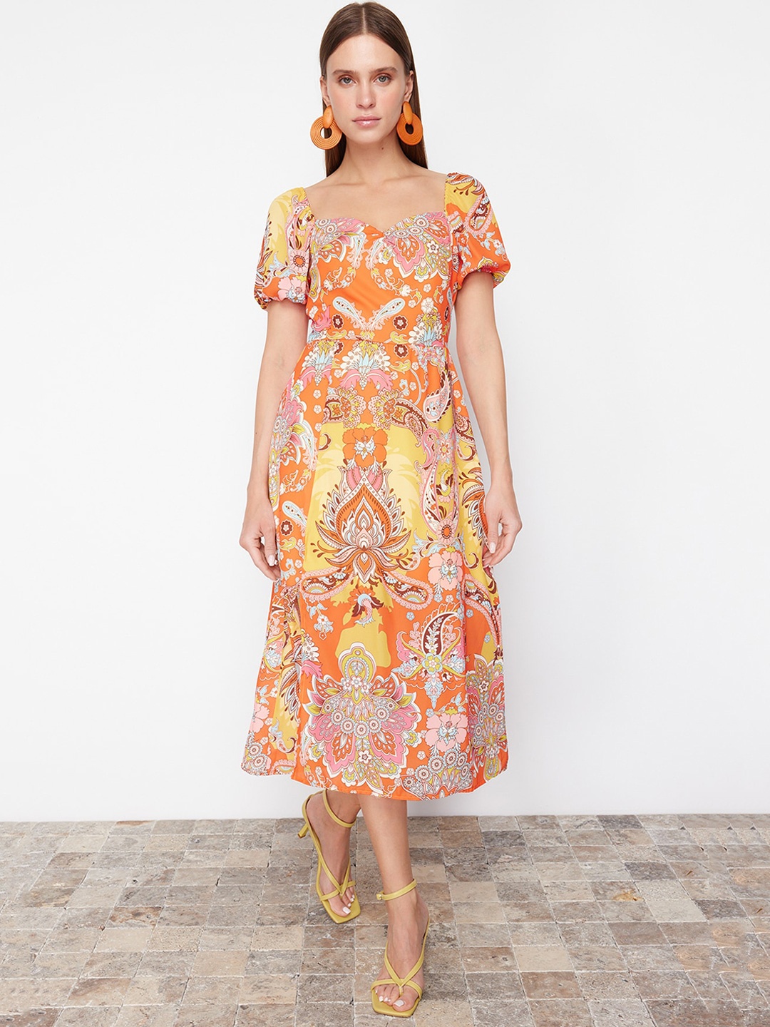 

Trendyol Ethnic Motifs Printed Sweetheart Neck Puff Sleeve A-Line Midi Dress, Orange